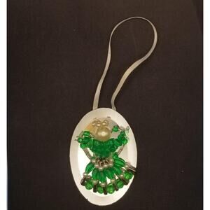 Vintage Beaded Angel Ornament Mirror 3" Bright Green Handmade Safety Pins